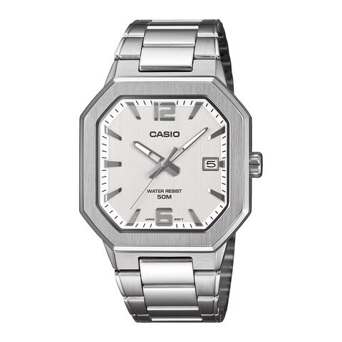 CASIO | MTP-B195D-7AV | 銀色 銀白錶盤 標準型 金屬八角形男錶 學生錶 考生推薦 正面