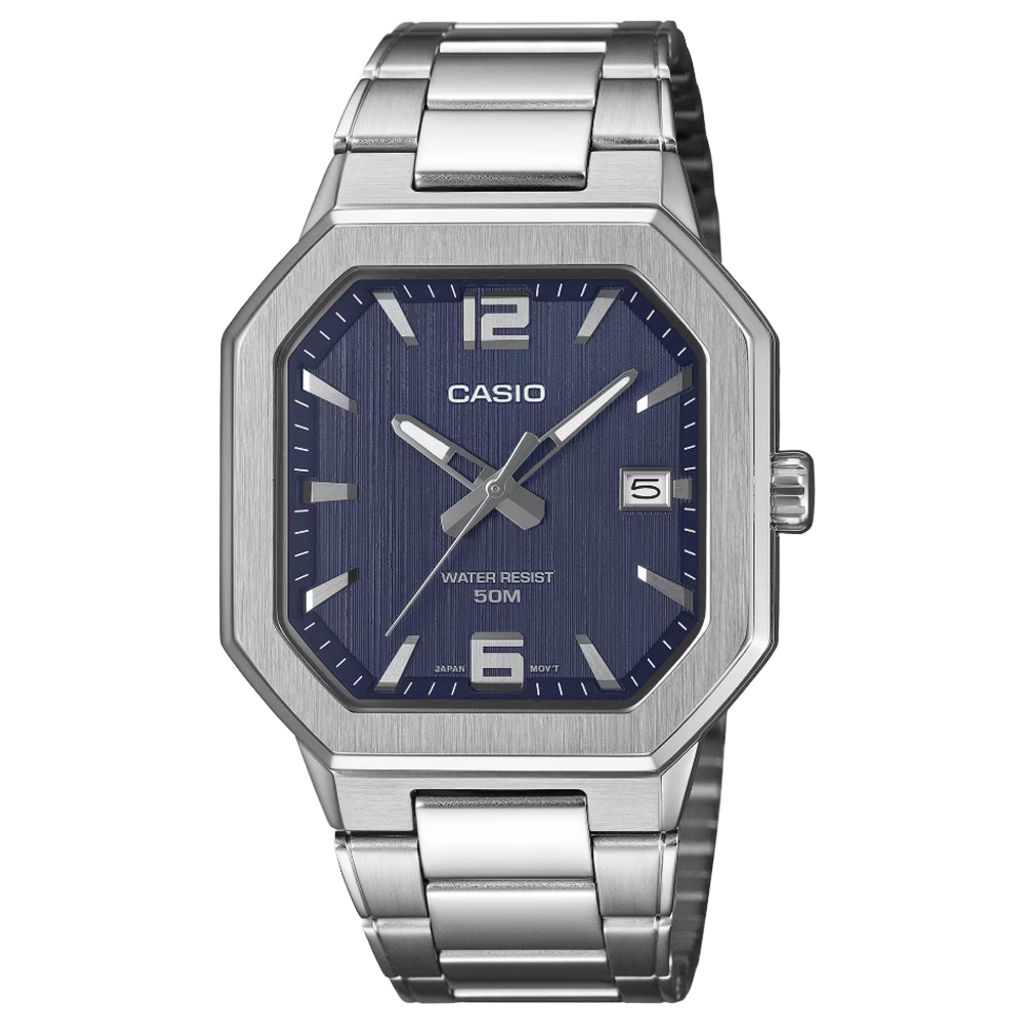CASIO | mtp-b195d-2av | 銀色 深藍錶盤 標準型 金屬八角形男錶 學生錶 考生推薦 正面