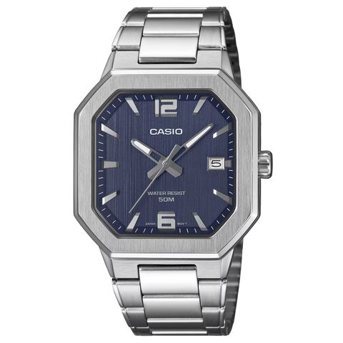 CASIO | mtp-b195d-2av | 銀色 深藍錶盤 標準型 金屬八角形男錶 學生錶 考生推薦 正面