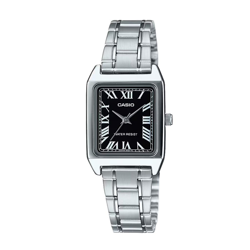 CASIO | LTP-V007D-1B | 黑色錶盤 銀色不鏽鋼錶帶 銀色羅馬字簡約方形 手錶 正面