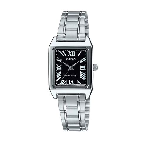 CASIO | LTP-V007D-1B | 黑色錶盤 銀色不鏽鋼錶帶 銀色羅馬字簡約方形 手錶 正面