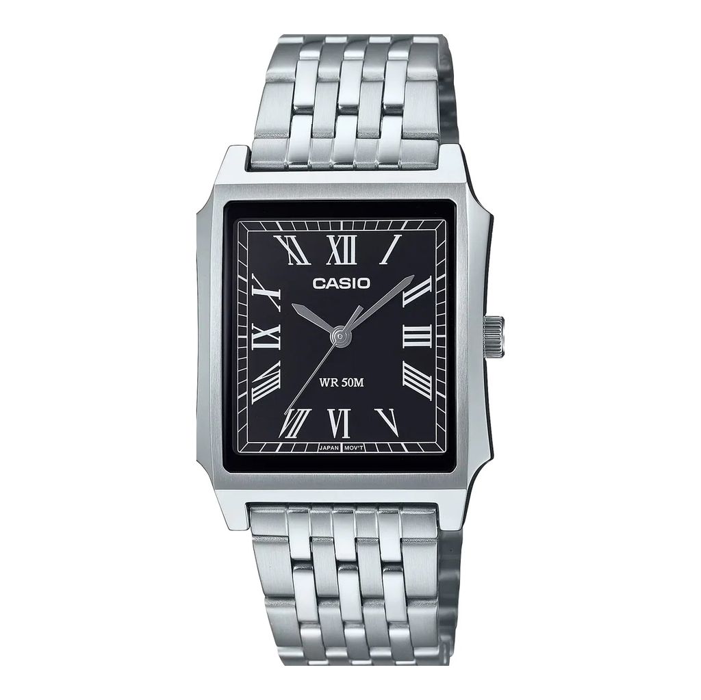 CASIO | MTP-B190D-1B | 黑錶面 銀色不鏽鋼錶帶 方形羅馬數字 男錶 正面