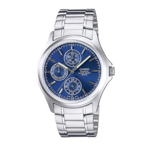 CASIO | MTP-1246D-2A | 深藍錶面 經典三眼指針錶 正面