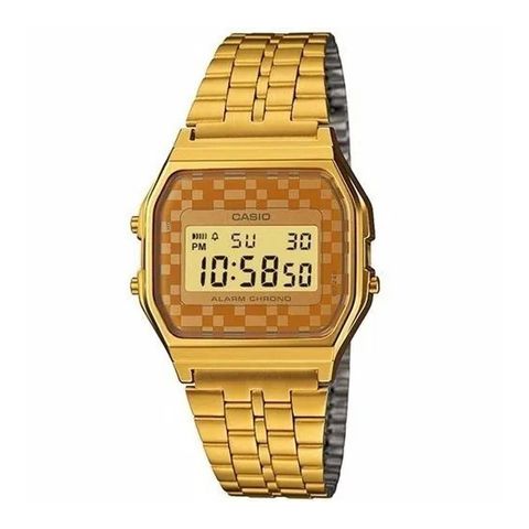CASIO | A159WGEA-9ADF | 金色復刻方型 不規則格紋電子錶 正面