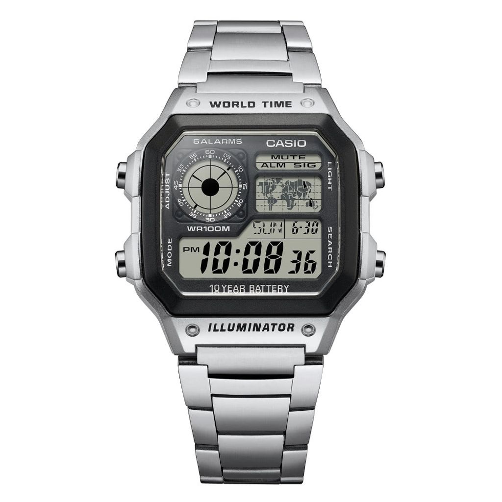 CASIO | AE-1200WHD-1A | 銀黑色 方形不鏽鋼 世界地圖電子錶 正面