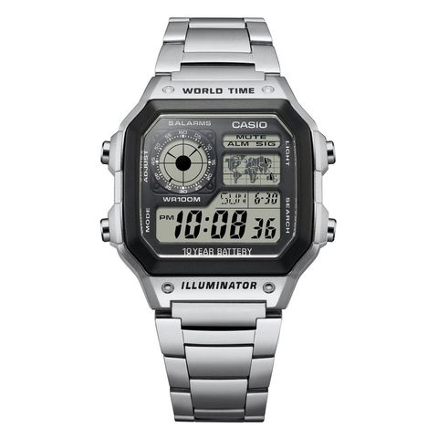 CASIO | AE-1200WHD-1A | 銀黑色 方形不鏽鋼 世界地圖電子錶 正面