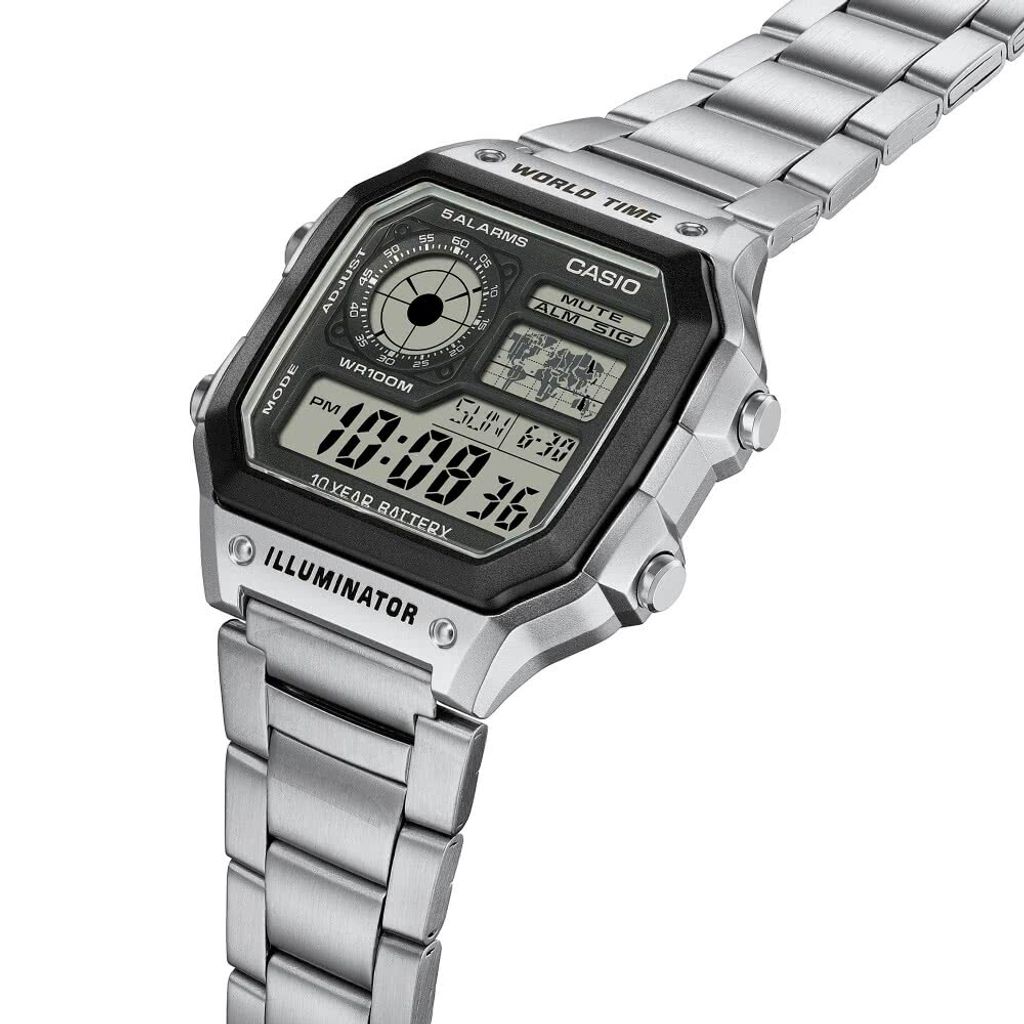 CASIO | AE-1200WHD-1A | 銀黑色 方形不鏽鋼 世界地圖電子錶 側面