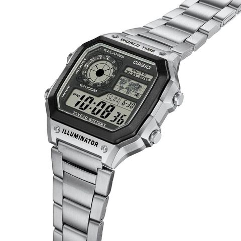 CASIO | AE-1200WHD-1A | 銀黑色 方形不鏽鋼 世界地圖電子錶 側面