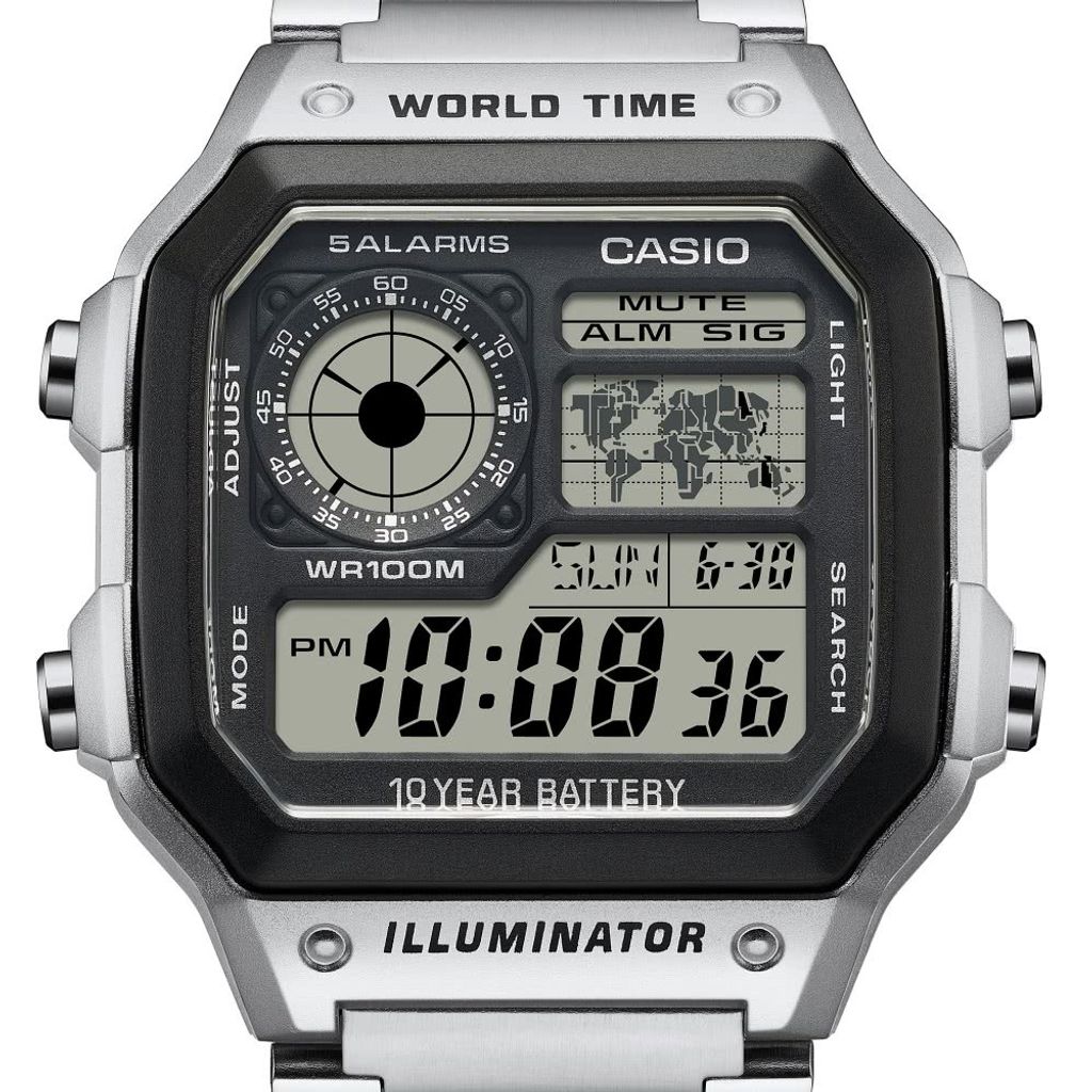 CASIO | AE-1200WHD-1A | 銀黑色 方形不鏽鋼 世界地圖電子錶 錶面細節