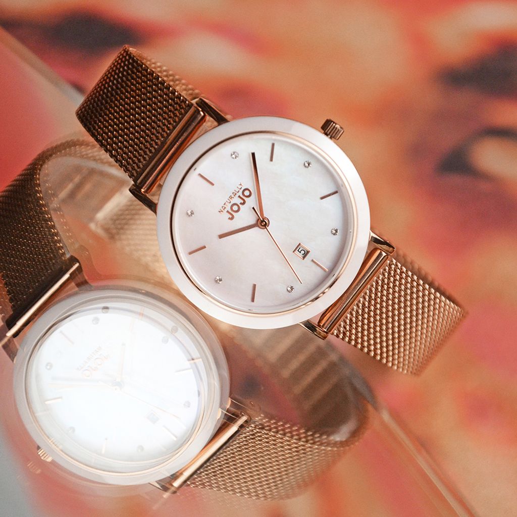 NATURALLY JOJO | JO96979-10R | 玫瑰金米蘭帶 簡約貝殼面盤 都會女性 輕奢華 時尚腕錶 34mm 正面展示