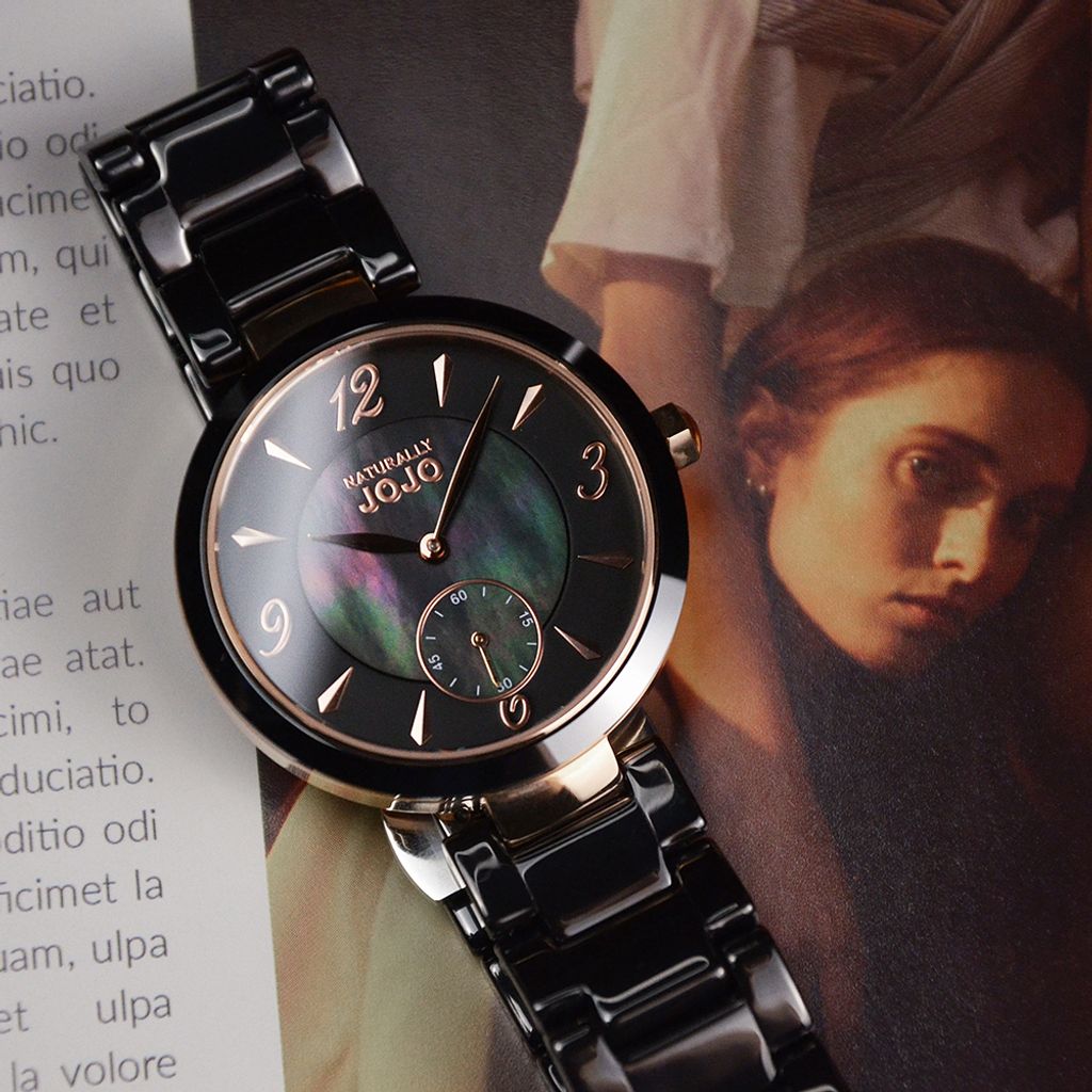 NATURALLY JOJO | JO96986-88R | 黑色系 簡約小秒針 陶瓷腕錶 37mm 正面展示