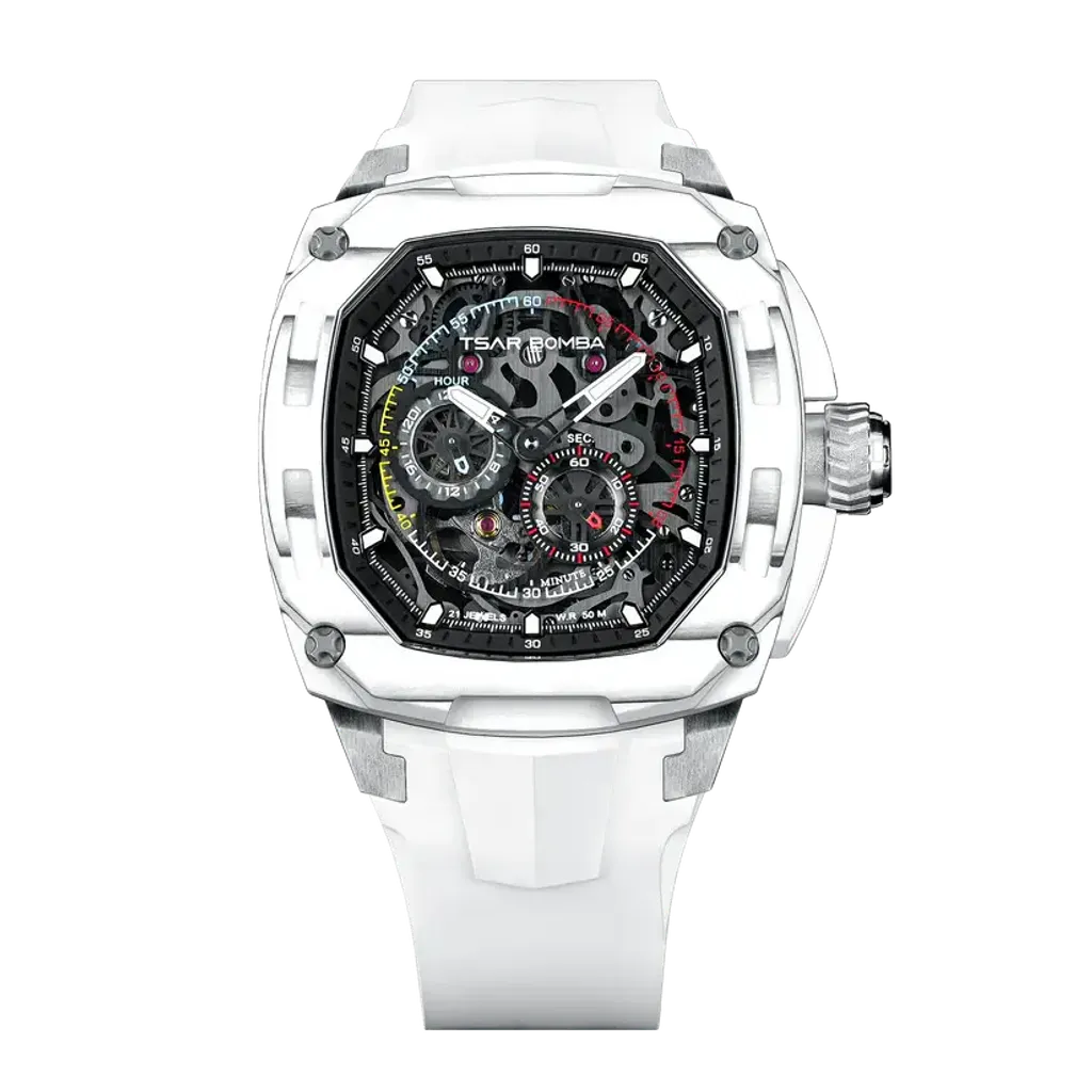 TSAR BOMBA 機械公爵 | 暗物質系列 TB8601-02 | 白色 碳纖維錶框 透視機芯 機械錶 正面