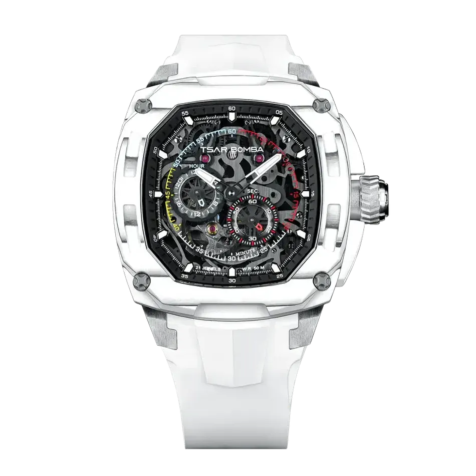TSAR BOMBA 機械公爵 | 暗物質系列 TB8601-02 | 白色 碳纖維錶框 透視機芯 機械錶 正面