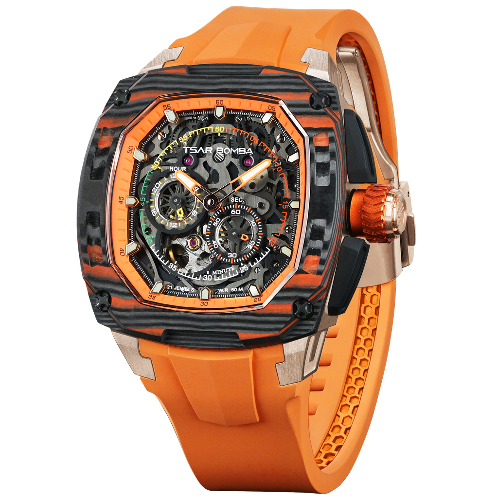 TSAR BOMBA 機械公爵 | 暗物質系列 TB8601-03 | 橘色 碳纖維錶框 透視機芯 機械錶 側面