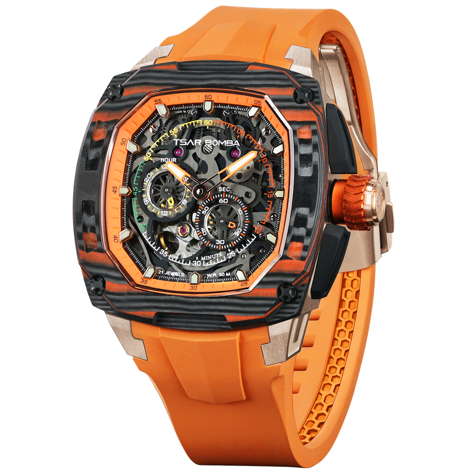 TSAR BOMBA 機械公爵 | 暗物質系列 TB8601-03 | 橘色 碳纖維錶框 透視機芯 機械錶 側面