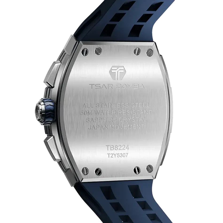 TSAR BOMBA 機械公爵 | 元素系列 TB8224Q-02 | 藍色 不鏽鋼 矽膠錶帶 石英錶 背面