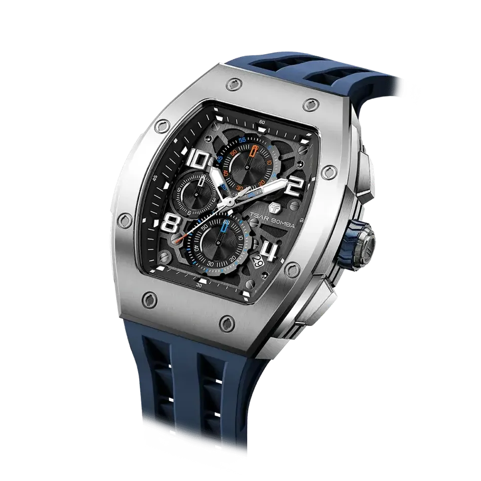 TSAR BOMBA 機械公爵 | 元素系列 TB8224Q-02 | 藍色 不鏽鋼 矽膠錶帶 石英錶 錶面細節
