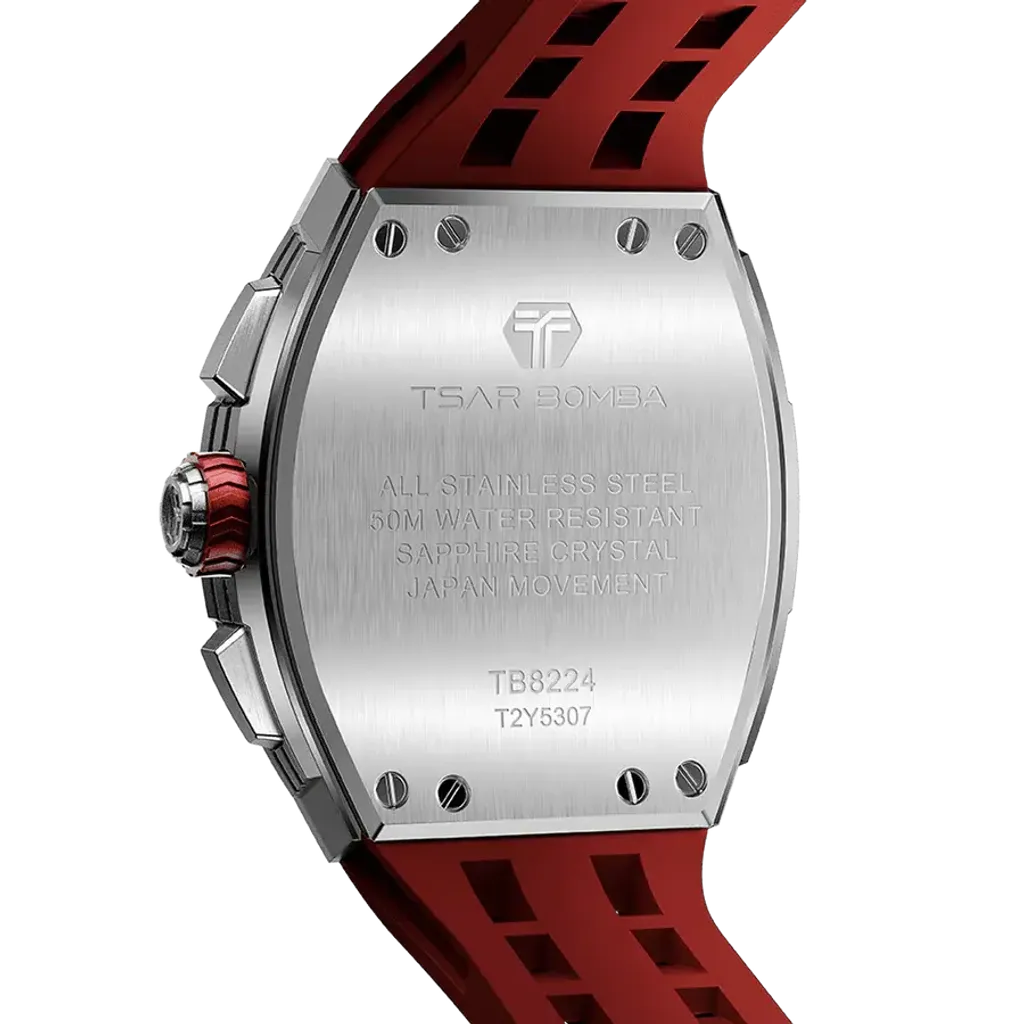 TSAR BOMBA 機械公爵 | 元素系列 TB8224Q-03 | 紅色 不鏽鋼 矽膠錶帶 石英錶 背面