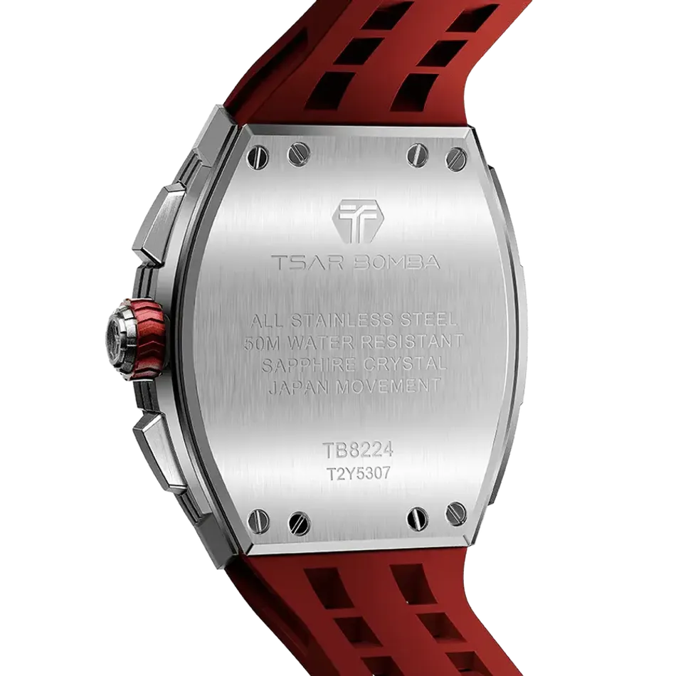 TSAR BOMBA 機械公爵 | 元素系列 TB8224Q-03 | 紅色 不鏽鋼 矽膠錶帶 石英錶 背面
