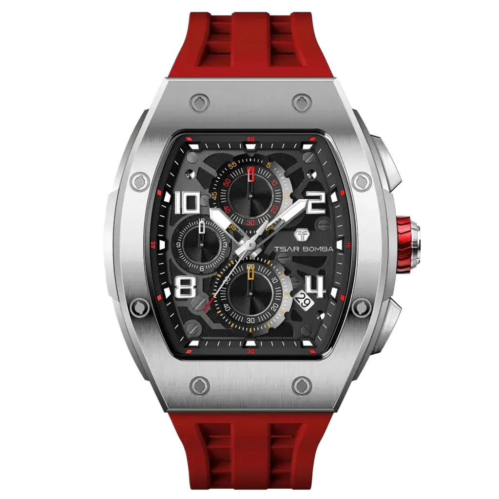 TSAR BOMBA 機械公爵 | 元素系列 TB8224Q-03 | 紅色 不鏽鋼 矽膠錶帶 石英錶 正面
