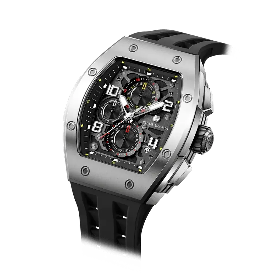 TSAR BOMBA 機械公爵 | 元素系列 TB8224Q-01 | 黑色 不鏽鋼 矽膠錶帶 石英錶 錶面細節