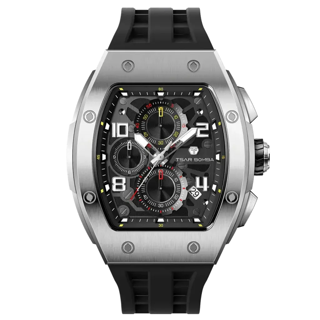 TSAR BOMBA 機械公爵 | 元素系列 TB8224Q-01 | 黑色 不鏽鋼 矽膠錶帶 石英錶 正面