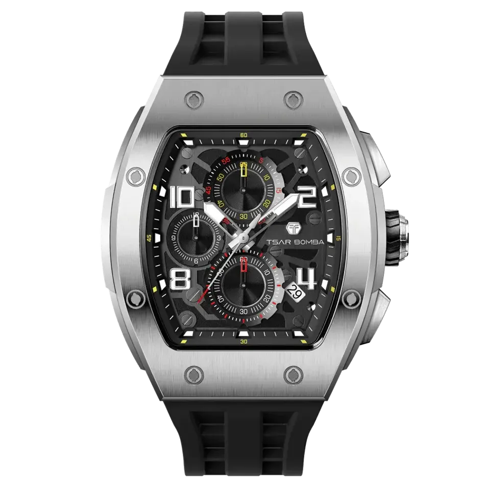 TSAR BOMBA 機械公爵 | 元素系列 TB8224Q-01 | 黑色 不鏽鋼 矽膠錶帶 石英錶 正面