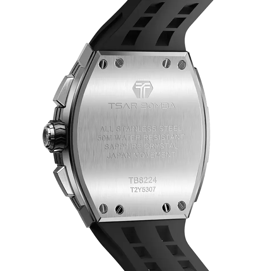 TSAR BOMBA 機械公爵 | 元素系列 TB8224Q-01 | 黑色 不鏽鋼 矽膠錶帶 石英錶 背面