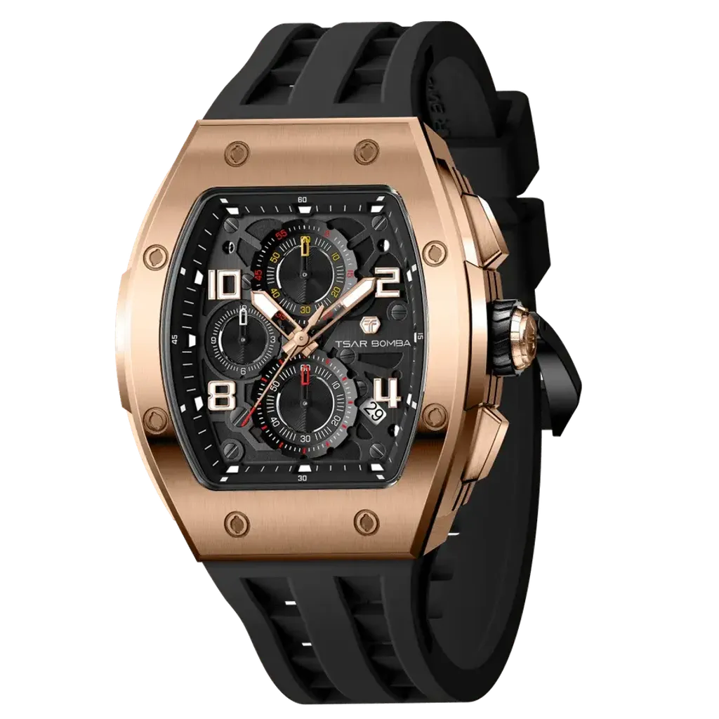 TSAR BOMBA 機械公爵 | 元素系列 TB8224Q-04 | 黑色 玫瑰金不鏽鋼 矽膠錶帶 石英錶 側面