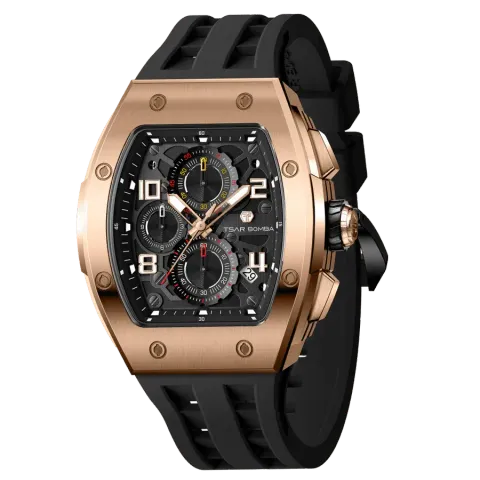 TSAR BOMBA 機械公爵 | 元素系列 TB8224Q-04 | 黑色 玫瑰金不鏽鋼 矽膠錶帶 石英錶 側面