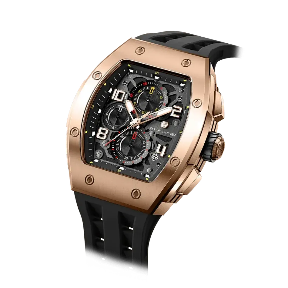TSAR BOMBA 機械公爵 | 元素系列 TB8224Q-04 | 黑色 玫瑰金不鏽鋼 矽膠錶帶 石英錶 錶面細節