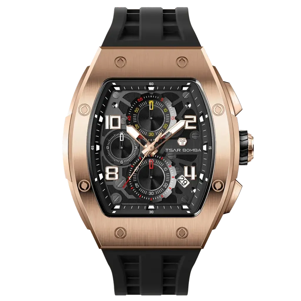 TSAR BOMBA 機械公爵 | 元素系列 TB8224Q-04 | 黑色 玫瑰金不鏽鋼 矽膠錶帶 石英錶 正面