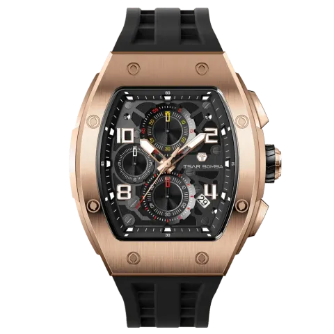TSAR BOMBA 機械公爵 | 元素系列 TB8224Q-04 | 黑色 玫瑰金不鏽鋼 矽膠錶帶 石英錶 正面