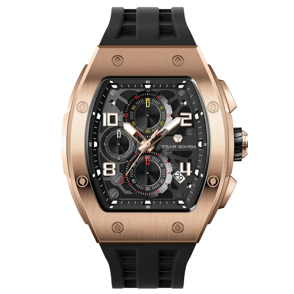 TSAR BOMBA 機械公爵 | 元素系列 TB8224Q-04 | 黑色 玫瑰金不鏽鋼 矽膠錶帶 石英錶 正面