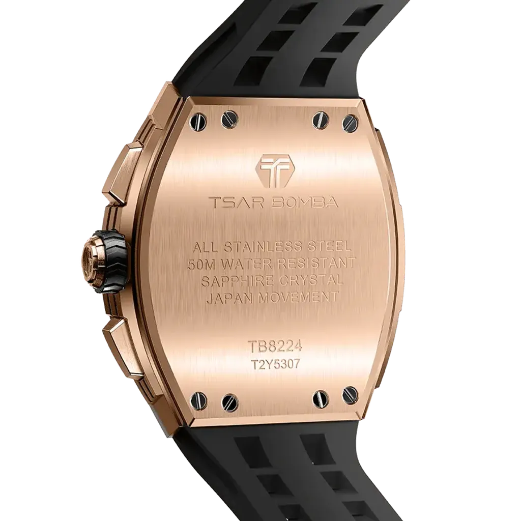 TSAR BOMBA 機械公爵 | 元素系列 TB8224Q-04 | 黑色 玫瑰金不鏽鋼 矽膠錶帶 石英錶 背面