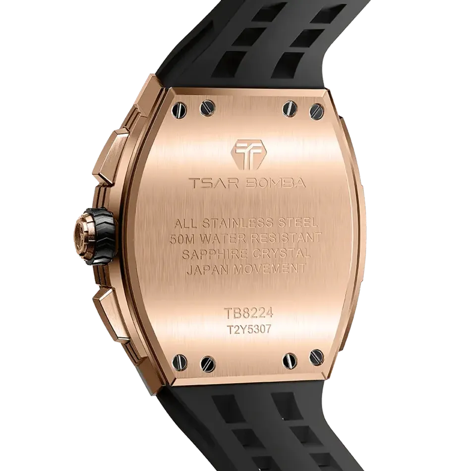 TSAR BOMBA 機械公爵 | 元素系列 TB8224Q-04 | 黑色 玫瑰金不鏽鋼 矽膠錶帶 石英錶 背面