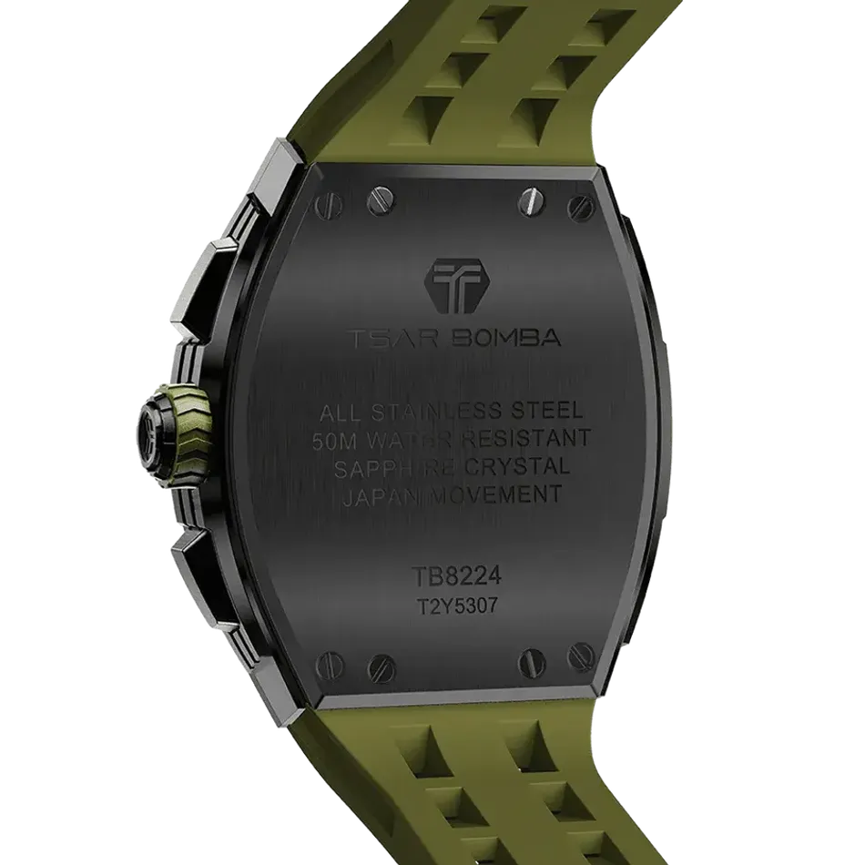 TSAR BOMBA 機械公爵 | 元素系列 TB8224Q-06 | 軍綠色 不鏽鋼 矽膠錶帶 石英錶 背面