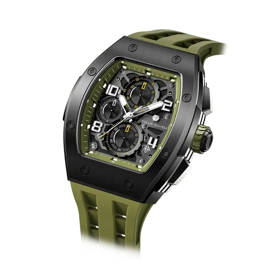 TSAR BOMBA 機械公爵 | 元素系列 TB8224Q-06 | 軍綠色 不鏽鋼 矽膠錶帶 石英錶 錶面細節