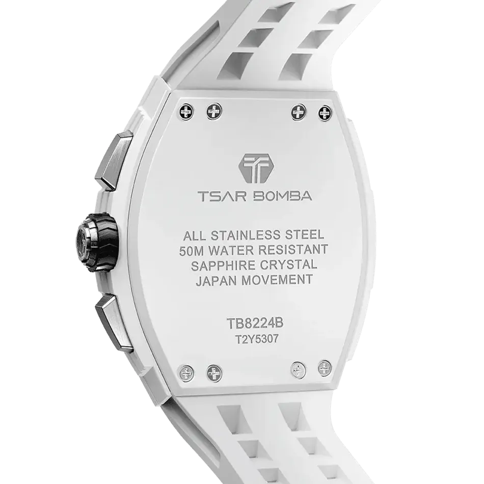 TSAR BOMBA 機械公爵 | 元素系列 TB8224B-01 | 白色 生物陶瓷 矽膠錶帶 石英錶 背面細節