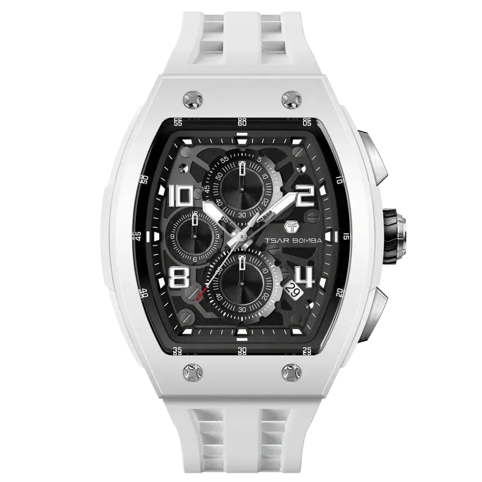 TSAR BOMBA 機械公爵 | 元素系列 TB8224B-01 | 白色 生物陶瓷 矽膠錶帶 石英錶 正面