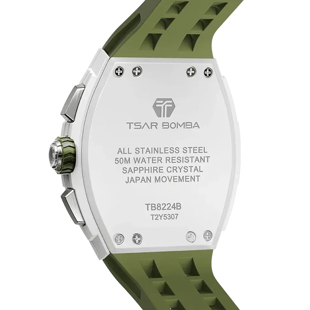 TSAR BOMBA 機械公爵 | 元素系列 TB8224B-02 | 綠色 生物陶瓷 矽膠錶帶 石英錶 背面細節