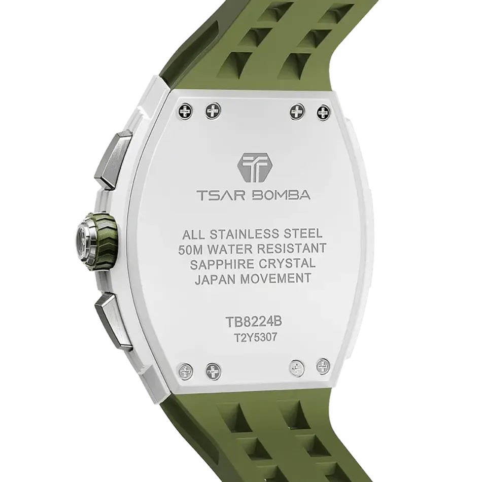 TSAR BOMBA 機械公爵 | 元素系列 TB8224B-02 | 綠色 生物陶瓷 矽膠錶帶 石英錶 背面細節
