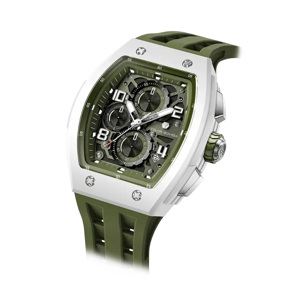 TSAR BOMBA 機械公爵 | 元素系列 TB8224B-02 | 綠色 生物陶瓷 矽膠錶帶 石英錶 錶面細節
