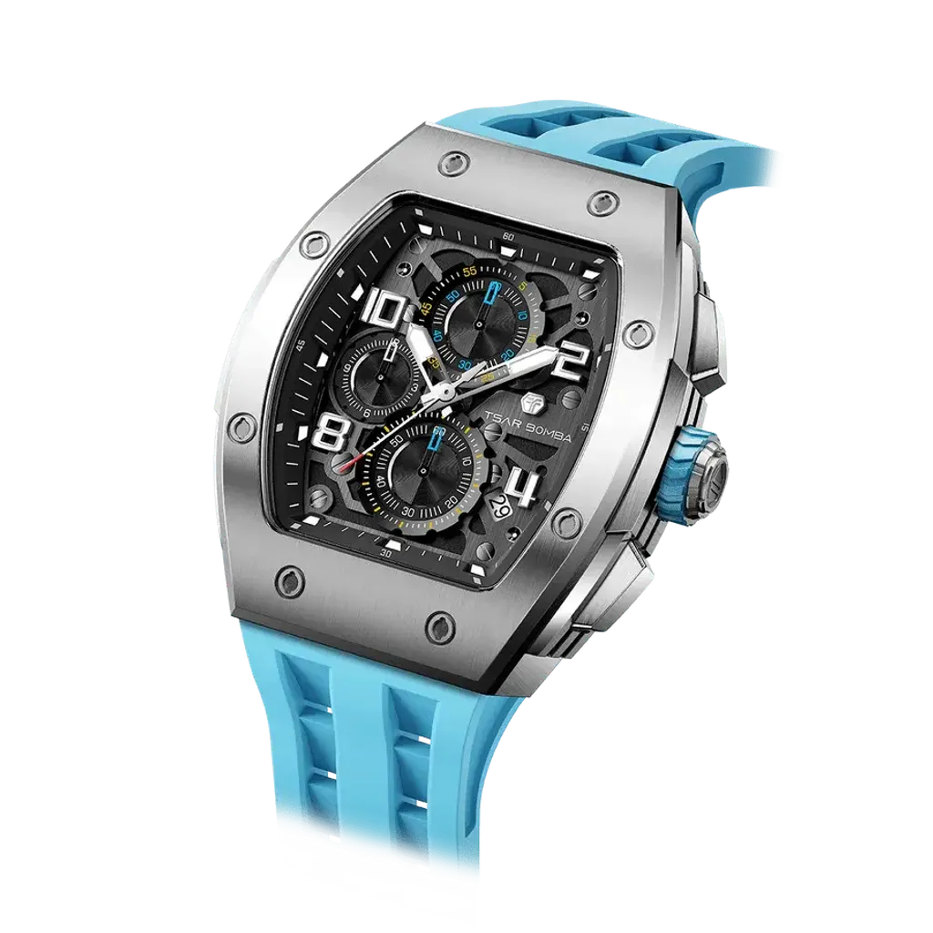 TSAR BOMBA 機械公爵 | 元素系列 TB8224Q-05 | 天藍色 不鏽鋼 矽膠錶帶 石英錶 錶面細節