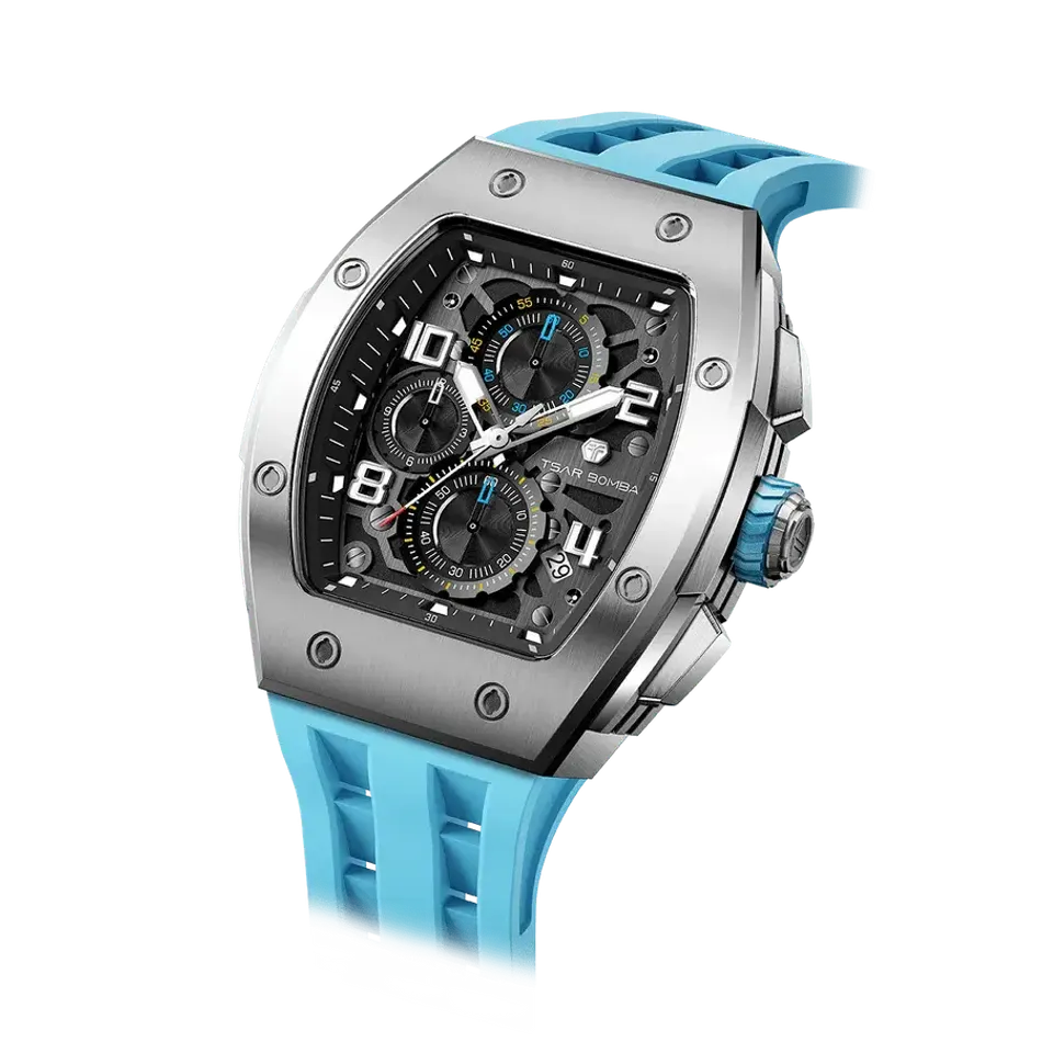 TSAR BOMBA 機械公爵 | 元素系列 TB8224Q-05 | 天藍色 不鏽鋼 矽膠錶帶 石英錶 錶面細節