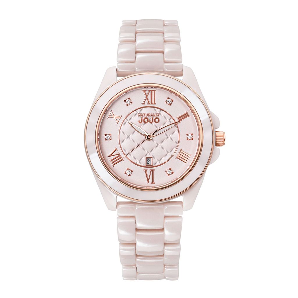NATURALLY JOJO | JO96995-13R | 羅馬數字 晶鑽菱格紋 粉色陶瓷腕錶 正面