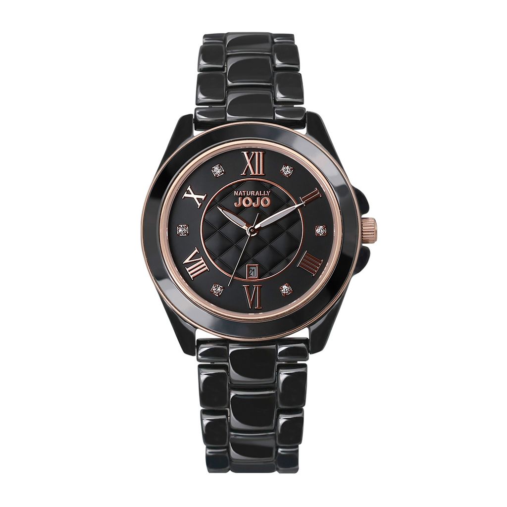 NATURALLY JOJO | JO96995-88R | 羅馬數字 晶鑽菱格紋 黑色陶瓷腕錶 正面