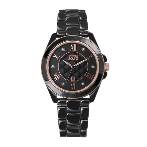 NATURALLY JOJO | JO96995-88R | 羅馬數字 晶鑽菱格紋 黑色陶瓷腕錶 正面