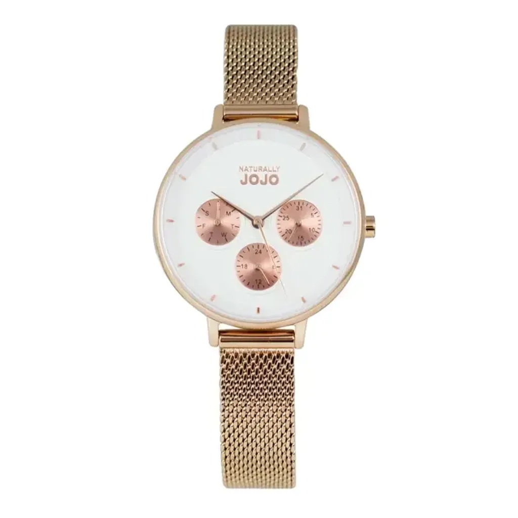 NATURALLY JOJO | JO96990-80R | 白色 簡約 玫瑰金三眼 金色腕錶 正面