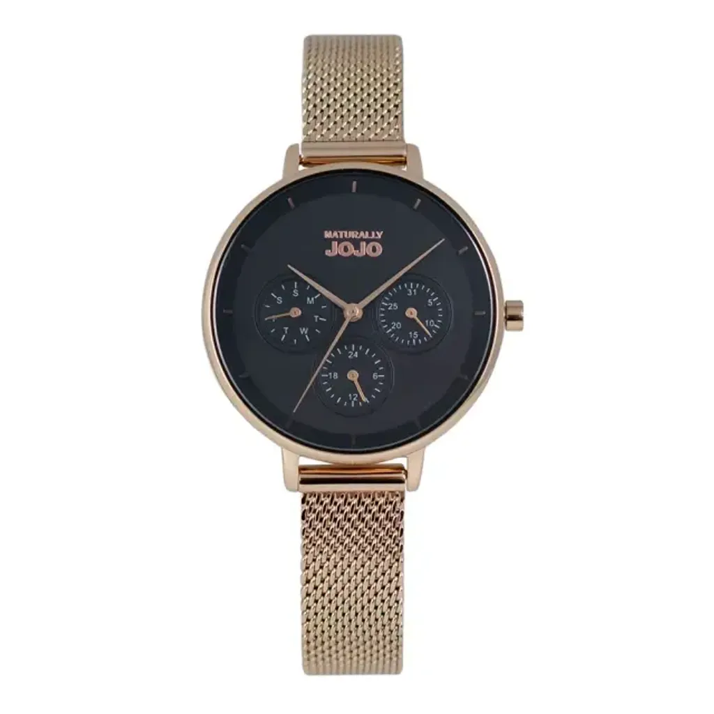 NATURALLY JOJO | JO96990-88R | 黑色 簡約 三眼 金色腕錶 正面